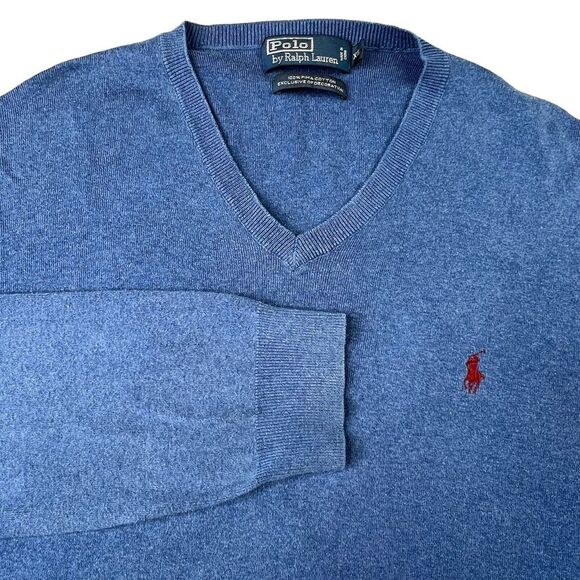 Polo Ralph Lauren Mens Sweater Size XL Blue V-Neck‎ Pima Cotton Modern Preppy - Picture 1 of 7